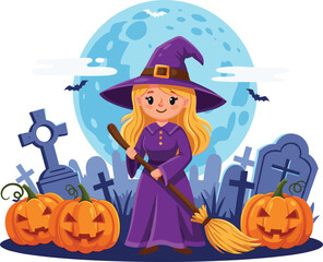 Cartoon witch girl with broom and jack-o'-lanterns in spooky graveyard under full moon for Halloween night celebration