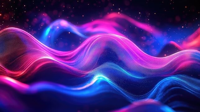 Vibrant digital waves flowing with glowing particles and neon light - Powered by Adobe