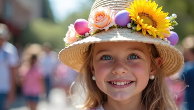 Close-up of young girl wearing elaborate Easter bonnet filled with vibrant flowers, pastel eggs. Bonnet adorned with sunflowers roses, pearls creating joyful festive scene. Background shows blurred