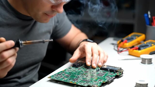 A focused technician soldering components on a circuit board.