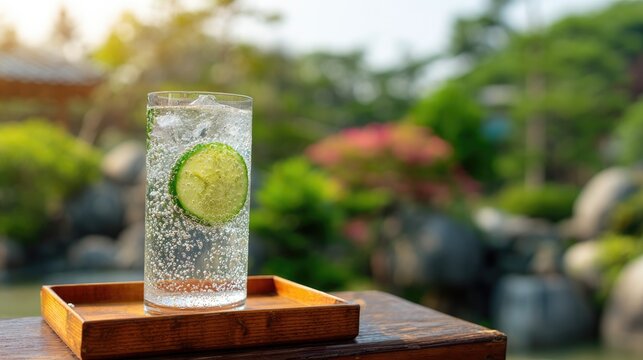 sudachi. A tall glass of clear beverage with a lime slice, condensation, in a serene summer garden. bar promotions, beverage menus, designed for food & beverage menus and cafe branding.
