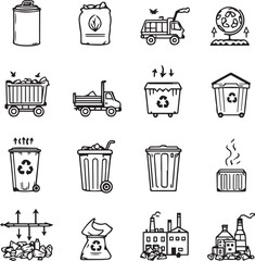 Set of 20 black line icons for recycling, waste management, garbage trucks, bins, and sustainability symbols