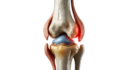 Illustration of a painful knee joint, highlighted in red, the image shows the anatomy of the knee, including the bones, ligaments, and cartilage