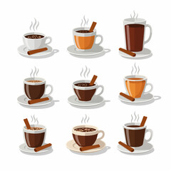 Set of nine diverse steaming hot beverage cups, including coffee and cocoa, served on saucers with accompanying cinnamon sticks, vector illustration.
