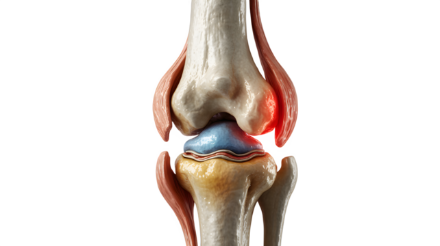 Illustration of a painful knee joint, highlighted in red, the image shows the anatomy of the knee, including the bones, ligaments, and cartilage