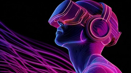 stylized, futuristic humanoid figure with glowing pink and blue helmet faces right, appearing contemplative against black background, evoking calmness and technological sophistication