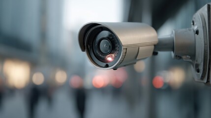 Obraz premium Security camera mounted on a building captures street activity in a busy urban area during twilight hours