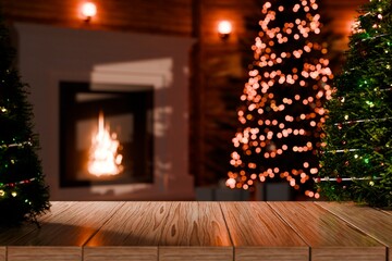 3d wooden table with christmas tree and fireplace bokeh. cozy festive interior background concept. winter holiday product display scene for branding and advertising. 3d render.