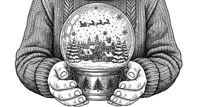 Boy Holding Christmas Snow Globe with Village and Reindeer — engraving sketch, black and white vintage vector illustration.