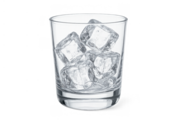 Rocks glass filled with multiple clear ice cubes, creating a cold and transparent beverage element. Isolated with a clipping path