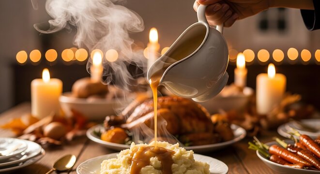 Warm gravy pouring on mashed potatoes at festive holiday dinner