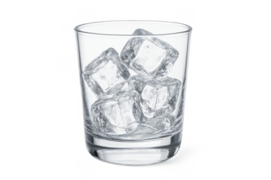 Rocks glass filled with multiple clear ice cubes, creating a cold and transparent beverage element. Isolated with a clipping path