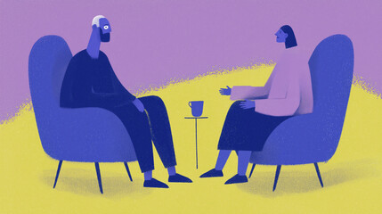 A minimalist editorial illustration of two human professionals sitting together and talking with warm, expressive faces and open, empathetic gestures