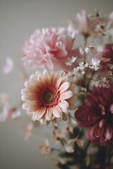 Close-up of a Delicate Gerbera Daisy in a Softly Lit Pastel Flower Bouquet.