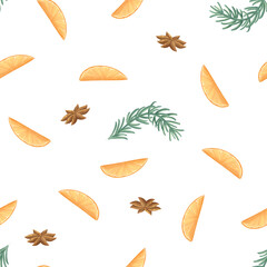 A seamless pattern with juicy orange slices, juniper, and star anise.
Hand drawn illustration in a simple, childish style for printed materials.