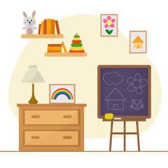 Kids room with desk for drawing toys on shelf books colorful drawing on wall flat illustration