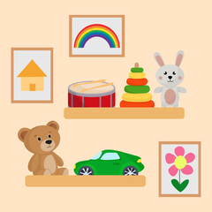 Kids room wall shelf with plush toys card pyramid drum colorful drawing in frame