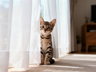 An adorable tabby kitten sits patiently between sheer white curtains, looking directly at the camera in a sunlit room.