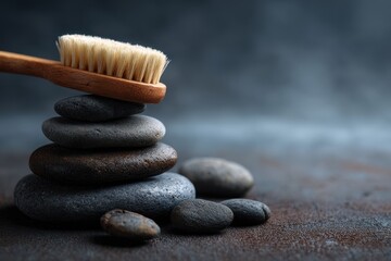 Natural Wooden Dry Body Brush on Stacked Zen Spa Stones for Holistic Wellness and Skincare Ritual.