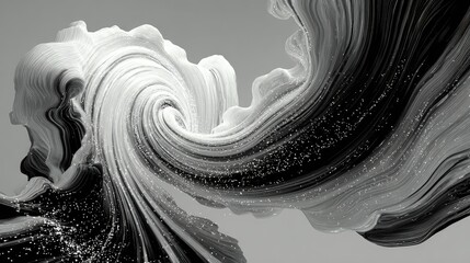 Abstract monochrome flowing lines with sparkling particles