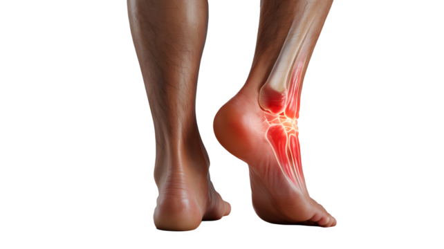Illustration of a painful ankle injury with visible bone and inflammation, , highlighting the importance of foot care and medical attention