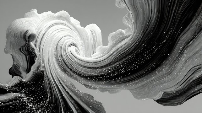 Abstract monochrome flowing lines with sparkling particles