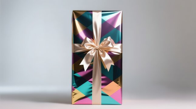 Elegant gift box wrapped in vibrant, geometric metallic paper with a luxurious satin bow, perfect for celebrations.