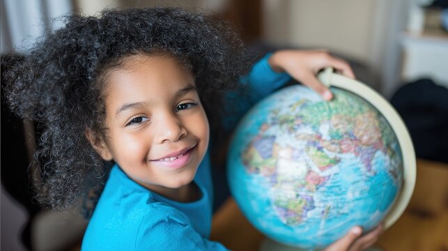 Child in Classroom Holding Globe, Diverse Education Exploration Scene