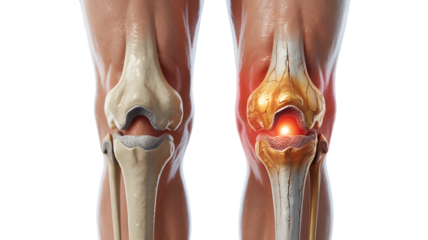 Illustration of the human knee joint with osteoarthritis, showing the bones, cartilage, and ligaments, the joint is inflamed and painful