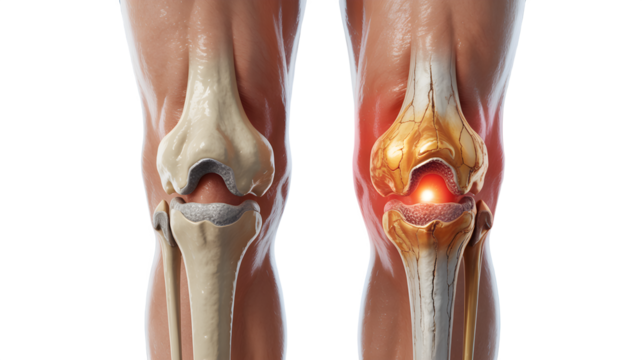 Illustration of the human knee joint with osteoarthritis, showing the bones, cartilage, and ligaments, the joint is inflamed and painful