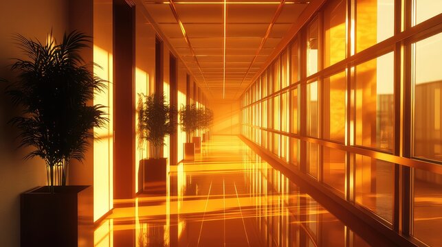 Long office hallway illuminated by warm golden hour light - Powered by Adobe
