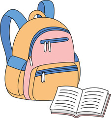 Colorful school backpack with open book, orange bag with blue straps and zippers, educational supplies for students and learning