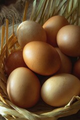 Freshly Gathered Brown Eggs Nestled in a Rustic Woven Basket, Warm Lighting.