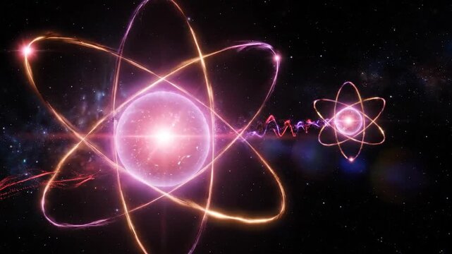 Two detailed atom structures with glowing orbitals against a backdrop of deep, dark space sprinkled with distant stars create a visual of abstract science and technology. 
