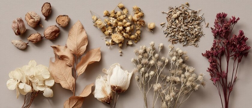 Monochrome flat lay of dried herbs and flowers in a collage, with soft lighting highlighting natural textures, botanical aesthetics, and wellness lifestyle for editorial and commercial use.