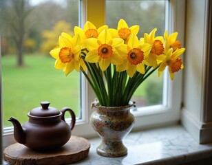 Yellow daffodils bloom in a decorative vase near a brown teapot on a windowsill. Green garden visible through windowpane. Spring floral arrangement brings nature indoors.