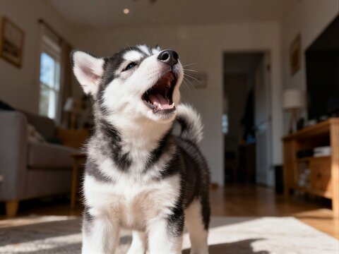 A sweet Golden Retriever puppy is lying down quietly on a light gray rug in a bright, modern living room.