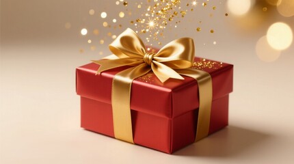 A classic red gift box with a golden bow, surrounded by magical sparkling glitter and warm bokeh lights for any celebration.