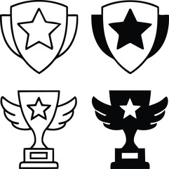 Fototapeta premium Set of four trophy and shield icons with stars in outline and solid styles