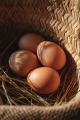 Rustic Eggs - Four Brown Eggs in Woven Basket with Straw.