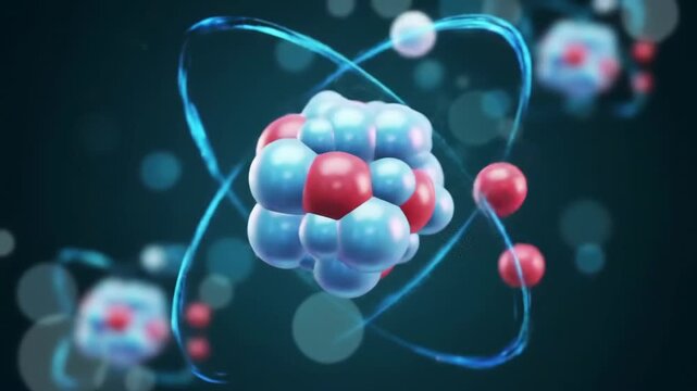 Abstract red and blue atom model with electrons orbiting on a dark blue background, illustrating a complex scientific structure for educational purposes. Science visualization.