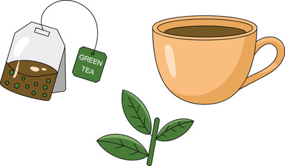 Green tea set illustration, tea bag, ceramic cup, fresh leaves, herbal drink, healthy beverage, natural remedy, vector design