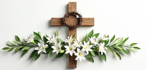 Brown wooden cross with crown of thorns hanging on white wall. White lilies and green leaves arranged at cross foot. Christian symbol representing faith, sacrifice, and resurrection.