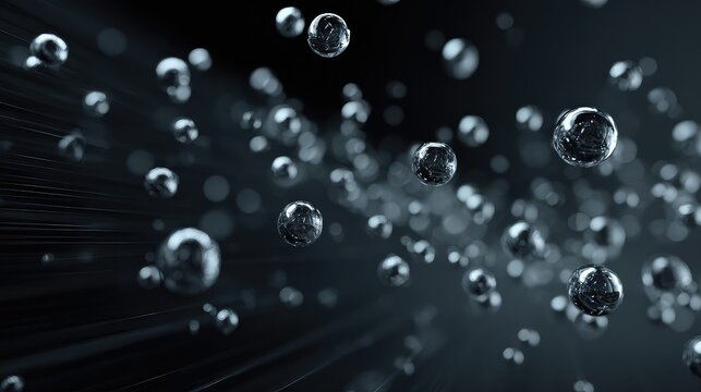 Abstract metallic spheres floating in dark futuristic space