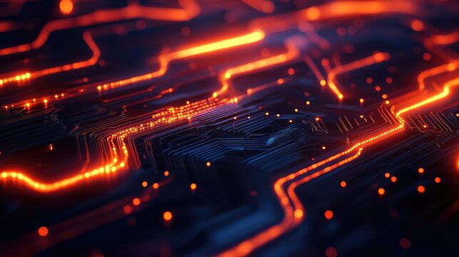 Digital circuit board with glowing orange data streams
