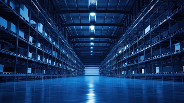 Modern warehouse interior showing rows of storage racks - Powered by Adobe