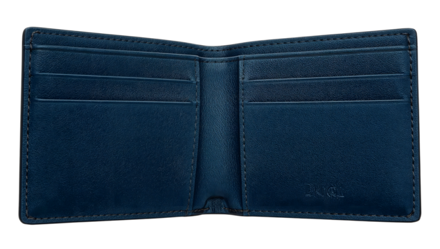 Open blue leather bifold wallet with multiple card slots and stitching detail on the transparent background