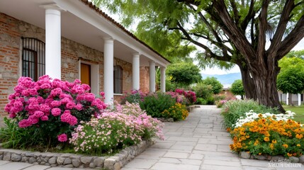 Fototapeta premium Hacienda garden path with colorful flowers and colonial architecture
