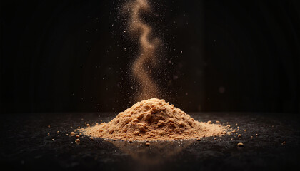 A pile of brown powder creating a swirling effect in the air against a dark background