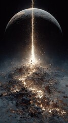Dramatic cosmic landscape with light beam, planetary body, debris field, otherworldly environment, science fiction